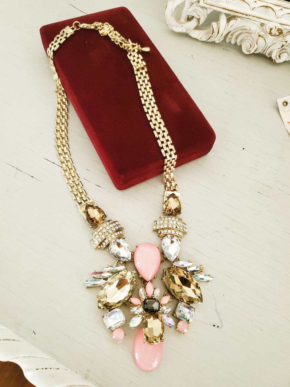 Vintage Pink and Gold Multi Stone Statement Necklace